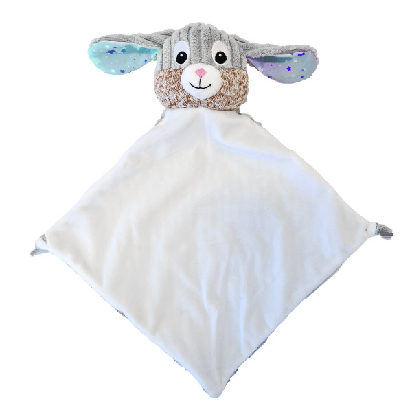 Joli lapin doudou tout gris et bleu personalisé avec broderie prénom